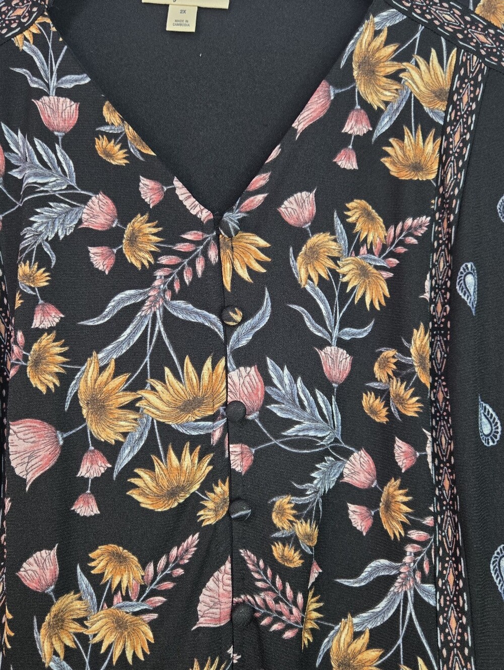 STYLE & CO Size 2X Black Floral Tiered 3/4 Sleeve V-neck Dress,  Covered Buttons - Picture 5 of 12